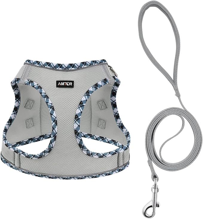 AMTOR Small Dog Harness with Leash Set, No Escape Easy Walk Puppy Harnesses for Training Walking, Step-in Reflective Soft Dogs Vest for XS S Medium Extra-Small Large Sized Dog(S,Grey)
