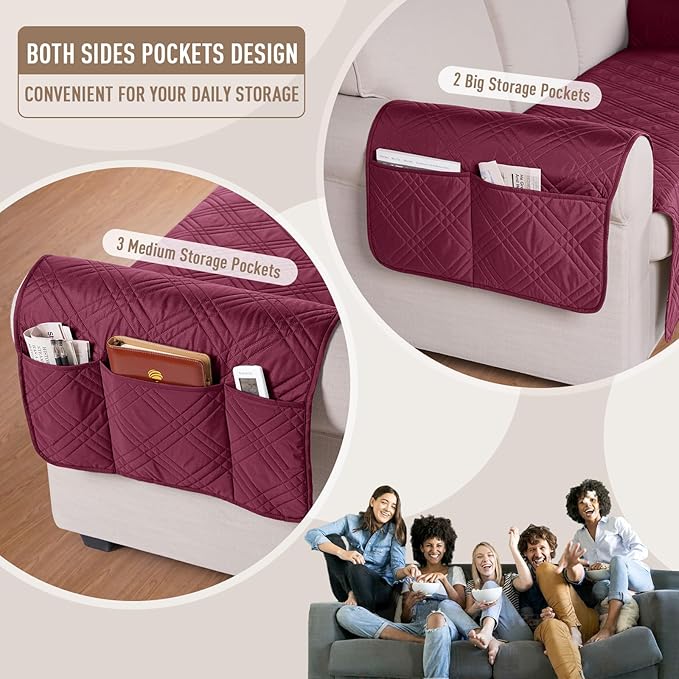 TAOCOCO Waterproof Couch Covers for Pets Dogs with Non Slip Backing, Sofa Seat Covers with Side Pocket for 3 Cushion Couch Washable Dog Couch Cover Protector Sofa Slipcovers(Sofa, Wine)