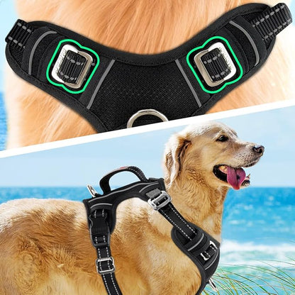 BARKBAY No Pull Dog Harness 3 Buckles Large Reflective Dog Harness with Front Clip and Easy Control Handle for Walking Training Running with ID tag Pocket(Black,XL)