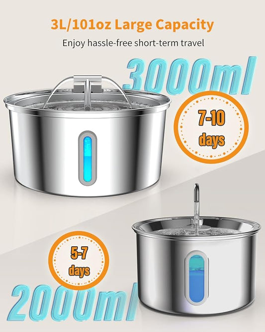 Lawfery Cat Water Fountain Stainless Steel, 0.8gal/108oz Automatic Cat Drinking Fountain with 3 Filters, Pet Water Dispenser with Quiet Pump, Suitable for Cats, Dogs and Multi-pet households
