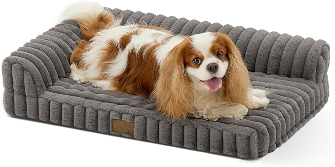 COZY KISS Cute Dog Bed, Faux Rabbit Fur Orthopedic Foam Dog Bed with Sides, Removable Washable Cover & Waterproof Lining, Comfortable Pet Couch for Small Dogs, Grey (30" L x 20" W x 6" Th)