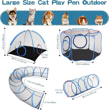 Outdoor Cat Enclosure, 4-in-1 Cat Tent Outdoor Pet Playpen with Tunnel, Portable Catio Play Pen for Outside and Indoor Cat Enclosure with Storage Bag for Kitty and Small Animals