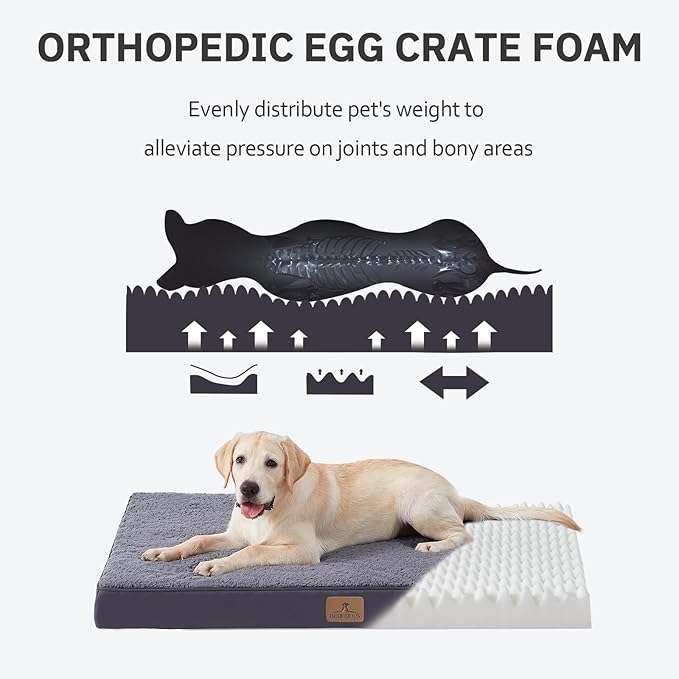 Bedfolks Orthopedic Dog Bed for Large Dogs - Egg Foam Dog Crate Bed with Removable Waterproof Cover, Pet Bed Mat Suitable for Dogs and Pets Up to 50 lbs (35 x 22 x 3 inches, Dark Grey)