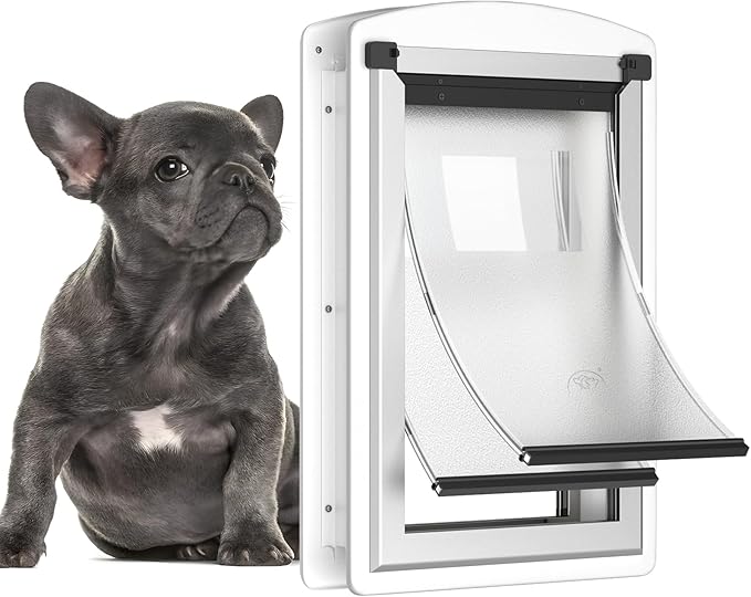 [MAVRICTECH] Doggie Door for Door, Doggy Door for Exterior Door with Steel Frame and Telescoping Tunnel, Dog Door with Two Magnetic Flaps and Two Sliding Lock Panels, for Pets Up to 40LBS, White
