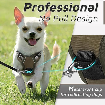 Eagloo Small Dog Harness No Pull, Service Vest with Reflective Strips and Control Handle, Adjustable and Comfortable for Easy Walking, No Choke Pet Harness with 2 Metal Rings, Brown, XS