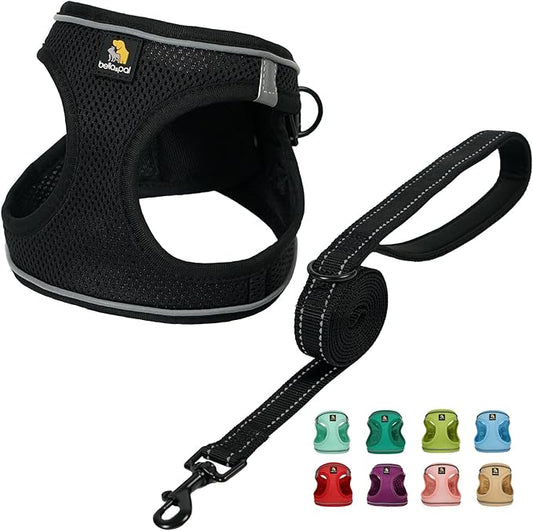 BELLA & PAL Step in Vest Harness for Small and Medium Dogs, No Pull Small Dog Harness with Leash Set, Comfortable Air Mesh Dog Vest Harness with Reflective Strip (Deep Black, XS)