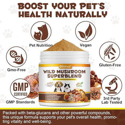 Mushroom Powder for Dogs & Cats, Natural Pet Supplement Mushroom Powder Support Immune, Heart, Brain & Liver with Turkey Tail, Reishi, Lion's Mane for Cellular Protection, Bacon Flavor - 4.23 oz(120g)