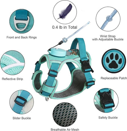 Dog Harness for Small Dogs up to 16lbs, 3-in-1 No Pull Lightweight Harness with 6.6ft Retractable,Wearable Leash Set,Front Clip,Handle,Reflective Dog Vest with Patch,Wrist Strap,Free Hand Leash-Blue