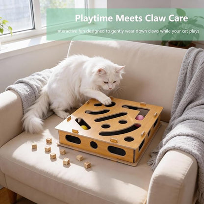 MDF Cat Nail File Enrichment Box, Scratch Puzzle with Sandpaper Surface, Stress-Free Nail Care Alternative, Interactive Maze Scratcher with Bell Ball for Indoor Cats