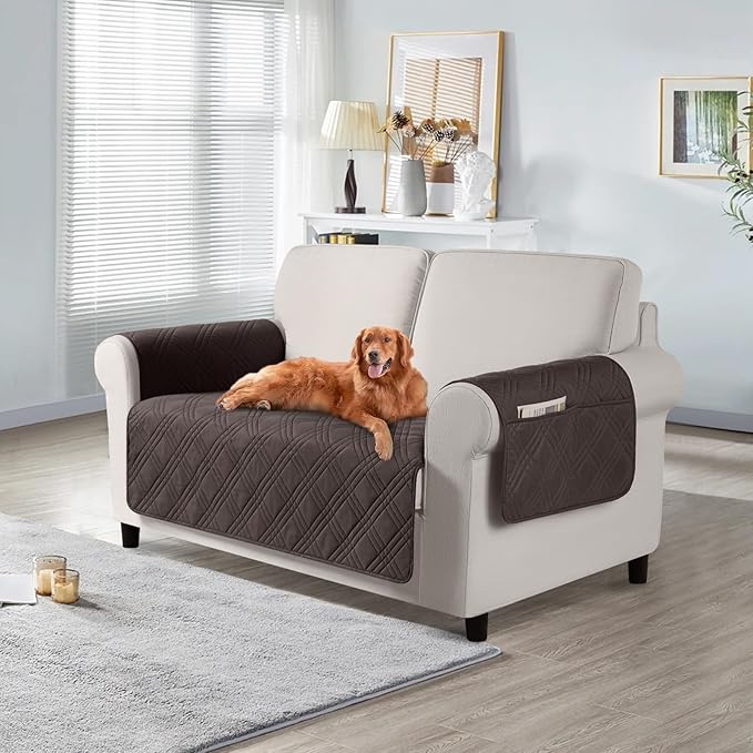 TAOCOCO Waterproof Loveseat Covers for Pets Dogs with Non Slip Backing, Sofa Seat Covers with Side Pocket for 2 Cushion Couch Washable Dog Couch Cover Protector Sofa Slipcovers(Loveseat, Chocolate)