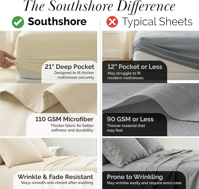 Southshore Fine Living, Inc. 4-Piece Twin Sheets Set, 21" Deep Pocket Twin Fitted Sheet, Oversized Flat Sheet, Microfiber Bedding, Premium Bedding, Cream Pillow Cases Standard Size, Cream Sheets
