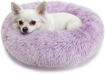 Calming Donut Dogs Beds for Small Dogs Washable,19inch Fluffy Round Puppy Bed for Puppies,Cats & Toy Breeds with Raised Rim,Fits up to 15 lbs Pets,Gradient Purple