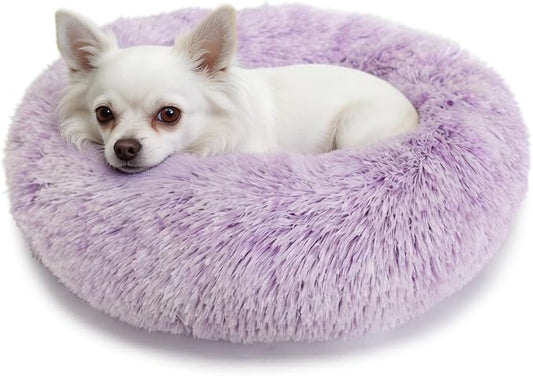 Calming Donut Dogs Beds for Small Dogs Washable,19inch Fluffy Round Puppy Bed for Puppies,Cats & Toy Breeds with Raised Rim,Fits up to 15 lbs Pets,Gradient Purple
