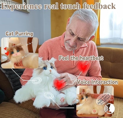 Chongker Interactive Companion Robot Cat Pets, Handmade Weighted Stuffed Animals, Cat Plush Toy with Voice Response, Realistic Heartbeat and Purring, Ragdoll Cat