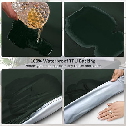 Full Mattress Protector Waterproof, Fitted Sheet Style Breathable Mattress Cover with Deep Pocket Fits Up to 18'', Noiseless Bed Cover for Kids Adults Pets, Machine Washable (Green, 54'' X 76'')
