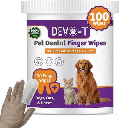DEVO-T 100% Natural Dog Teeth Cleaning Wipes Unscented | 100 Count | Pet Teeth Cleaning Finger Wipes for Dogs, Cats & Horses | Remove Bad Breath, Plaque & Tartar Buildup | Dog Dental Wipes Finger