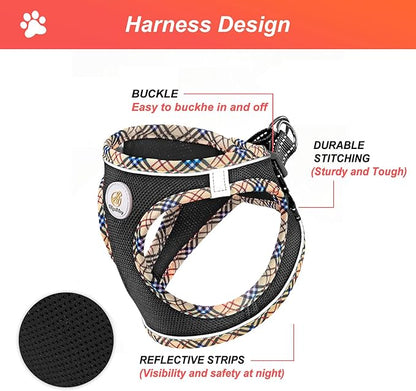 Hipubby Dog Harness Small Sized and Leash Set, No Pull Soft Mesh Puppy Vest, Reflective Breathable Lightweight Pet Harness, Harness for Small Medium Dogs and Cats - Black/Khaki Trim, S