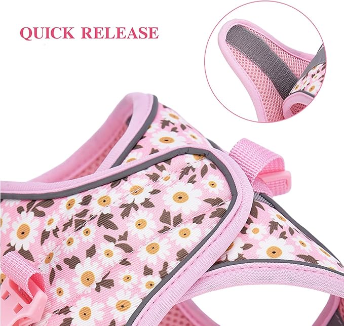 Small Dog Harness Pink Daisy Flowers No Pull Reflective Step in Vest Harness Mesh Padded Soft Harness for Small Medium Dogs Cats