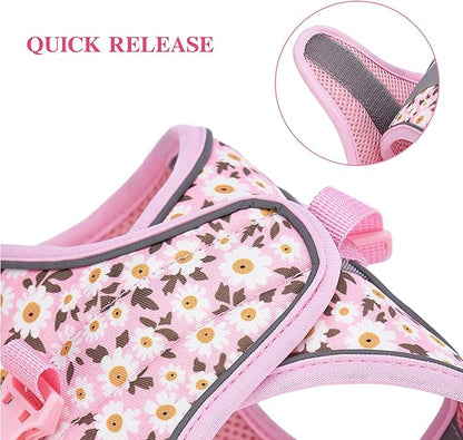 Small Dog Harness Pink Daisy Flowers No Pull Reflective Step in Vest Harness Mesh Padded Soft Harness for Small Medium Dogs Cats