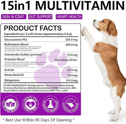 15-in-1 Dog Vitamins and Supplements, 150ct Dog Multivitamin Chewable with Glucosamine and Probiotics Senior & Puppy Multivitamin Pet Supplement Hip & Joint Support Immune Health Heart Digestion