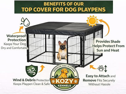Dog Playpen w/Square Bottom Pad & Top Cover - 40 inch, 8 Panel Portable Black Metal Pet Play Pen for Medium and Large Dogs - Indoor/Outdoor Kennel Cage for Home, Yard, RV, or Camping