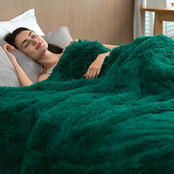 Pawque Faux Fur Blankets Queen Size 90x90 Inches, Soft Fuzzy Fluffy Blanket, Warm Thick Sherpa Long Hair Shag Reversible Lightweight Cozy Throw for Bedroom Sofa Couch, Green