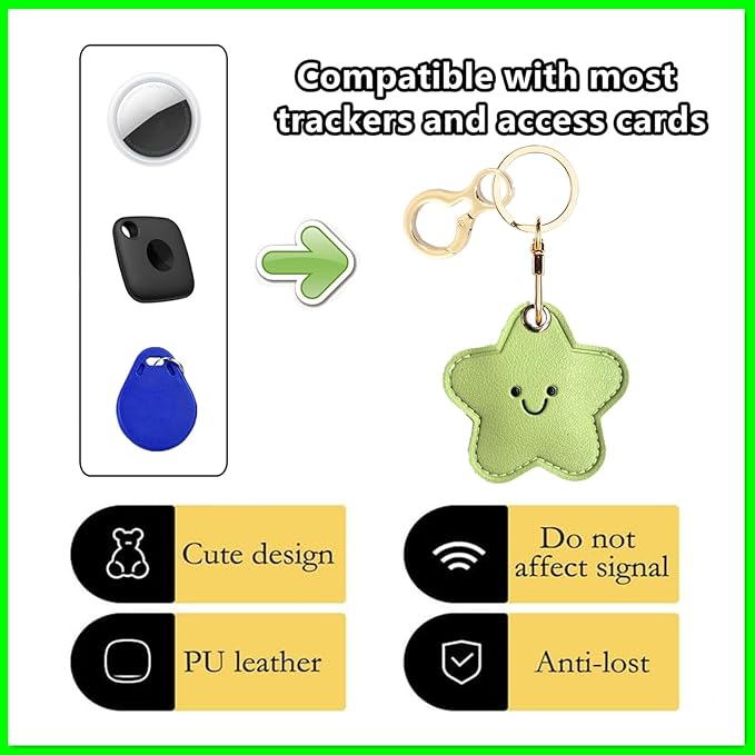 Leather Keychain Holder Case Compatible with AirTag,Cute Protective Cover with Keyring,Anti-Scratch Finder GPS Tracker Case for Wallet Keys,Bag,Pets,Backpack(Green Star)