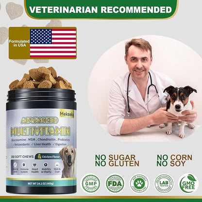 Advanced 24-in-1 Multivitamin Chews for Dogs - 200 Soft Chewable All-in-One Vitamin Support Supplement for Dog Skin Coat Itch Relief, Joints, Gut Health, 12 Essential Vitamins Treats with Omega-3