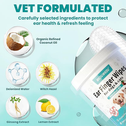 MEDUWEDU Ear Cleaner Finger Wipes 60 Counts, Dog Ear Cleaner, Grooming Kit Care for Dogs and Cats, Soft & Easy Otic Cleaning Pads, Remove Wax, Dirt & Stop Smelly, Itchy, Non-Irritating, Coconut Scent