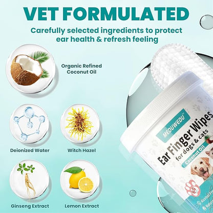 MEDUWEDU Ear Cleaner Finger Wipes 120 Counts, Dog Ear Cleaner, Grooming Kit Care for Dogs and Cats, Soft & Easy Otic Cleaning Pads, Remove Wax, Dirt & Stop Smelly, Itchy, Non-Irritating, Coconut Scent