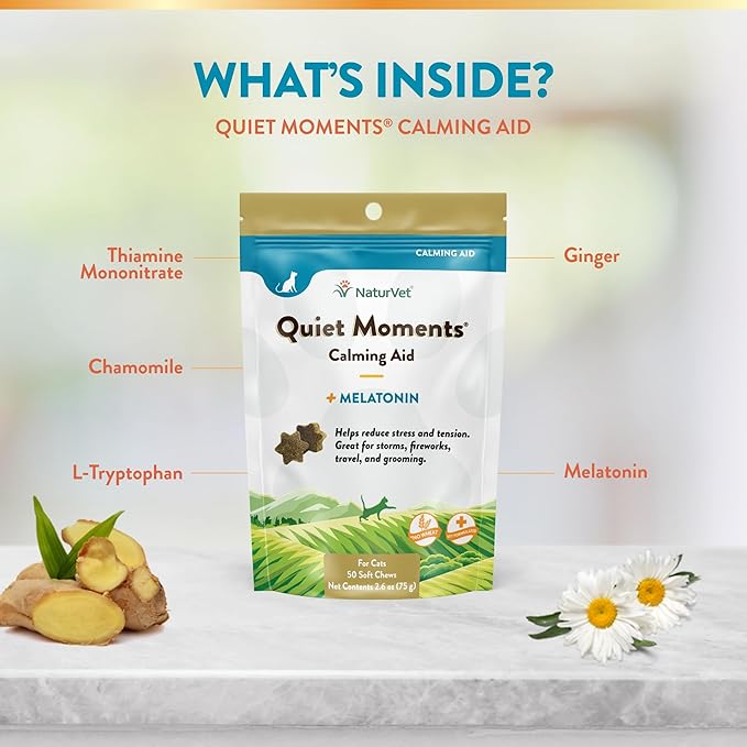 NaturVet Quiet Moments Calming Aid Cat Supplement Plus Melatonin – Helps Reduce Stress in Cats – for Pet Storm Anxiety, Motion Sickness, Grooming, Separation, Travel – 50 Ct. Soft Chews