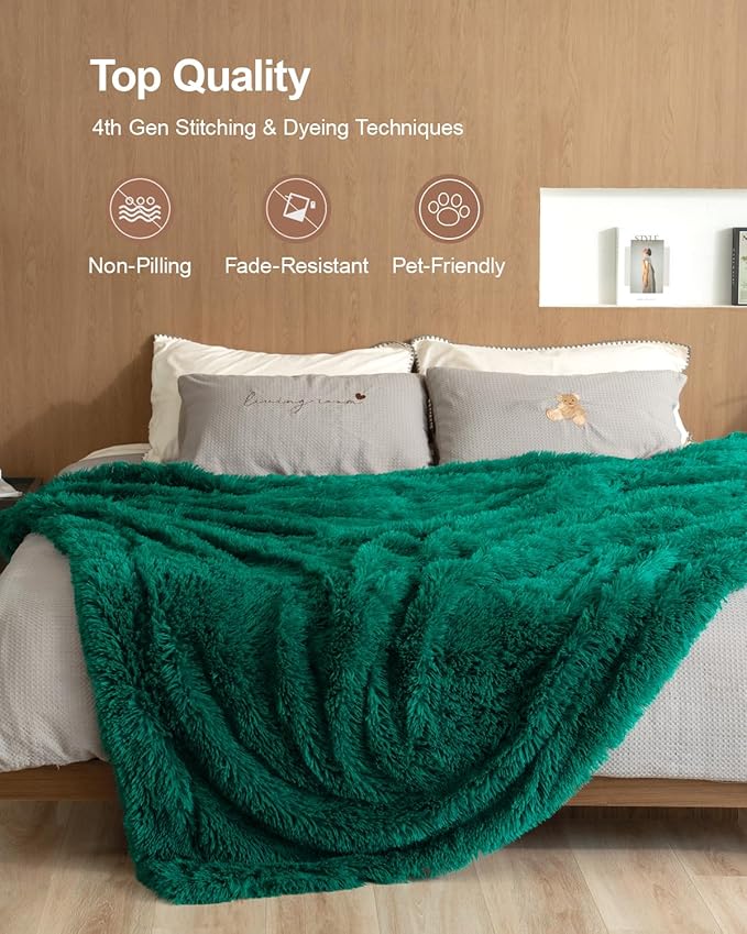 Pawque Faux Fur Blankets Twin Size 60x80 Inches, Soft Fuzzy Fluffy Blanket, Warm Thick Sherpa Long Hair Shag Reversible Lightweight Cozy Throw for Bedroom Sofa Couch, Green