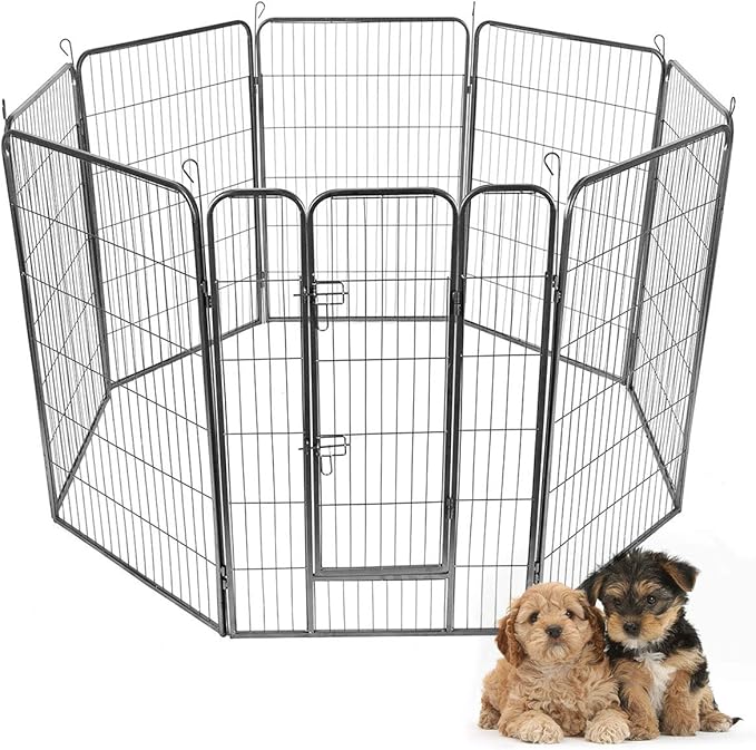 Giantex 48 inch Dog Fence with Door, 16/8 Panels Dog Playpen for Outside Large Dogs, Portable Pet Playpen Fencing Enclosures, Heavy Duty Metal Camping Fences for The Yard (8 Panels, 48 inch)