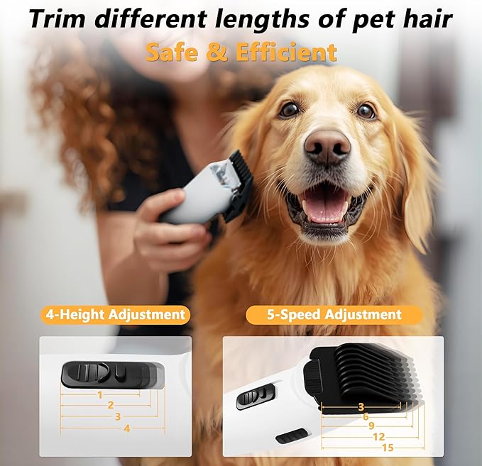 FOTING 5-in-1 Dog Grooming Vacuum, 12000Pa Dog Clippers & Shedding Brush Grooming Cleaning Tools Pet Grooming Vacuum, 2 Suction Levels Shedding Pet Hair Home Cleaning, White