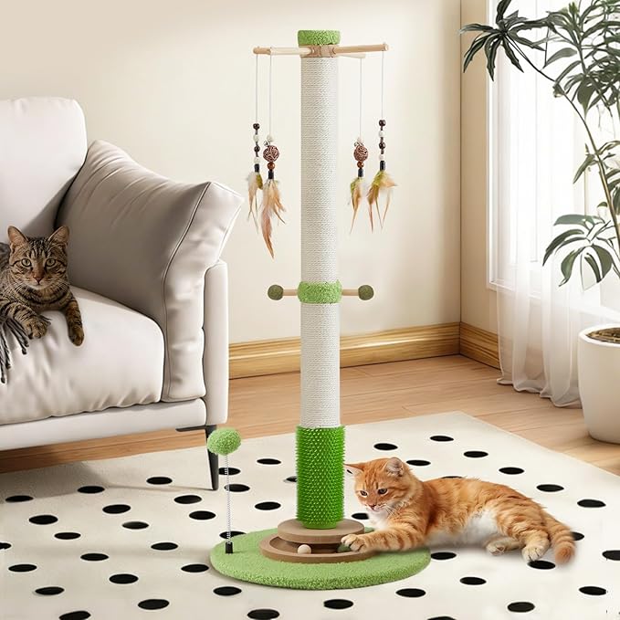 Cat Scratching Post, 38 Inch Tall Scratching Posts for Indoor Cats Adults and Kittens, Sisal Cat Scratch Post with Rotatable Hanging Toys, Rubber Brush, Mint Balls and Interactive Wooden Ball Track
