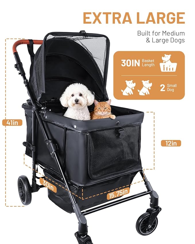 Dog Stroller for Large & Medium Dogs, Pet Stroller for 2 Small Dogs, Extra Large Heavy Duty, Foldable Design, Adjustable Handle, with Pocket, Up to 132 lbs(Drak Black)