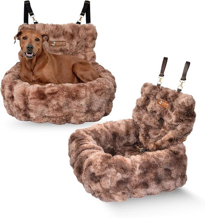Pelsbarn Luxurious Cozy Car Bed - Small Luxury Travel Dog Bed with Safety Belt - Ultra Soft Faux Fur - Brown