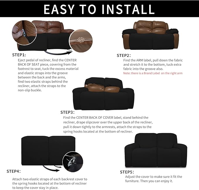 Easy-Going 100% Dual Waterproof Recliner Loveseat Cover, 6-Pieces Stretch Relining Sofa Cover with Pocket, Jacquard 2 Seat Sofa Slipcover Leakproof Washable (Loveseat, Black)