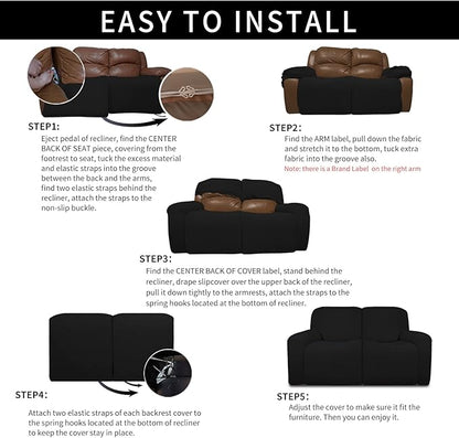 Easy-Going 100% Dual Waterproof Recliner Loveseat Cover, 6-Pieces Stretch Relining Sofa Cover with Pocket, Jacquard 2 Seat Sofa Slipcover Leakproof Washable (Loveseat, Black)