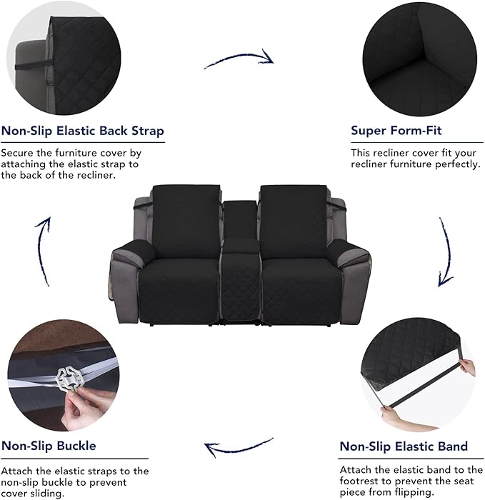 PureFit Water Resistant Reversible Loveseat Recliner Cover - Non Slip Furniture Protector for 2 Seat Recliner, Black/Beige