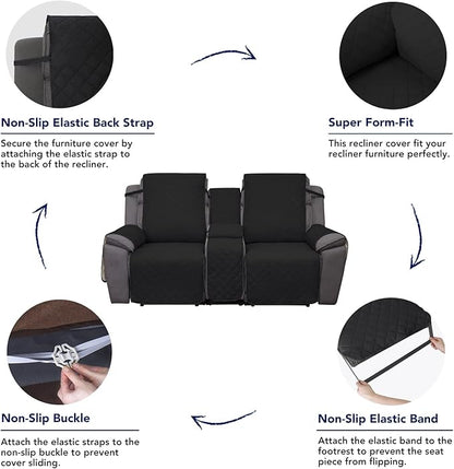 PureFit Water Resistant Reversible Loveseat Recliner Cover - Non Slip Furniture Protector for 2 Seat Recliner, Black/Beige