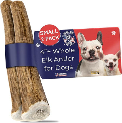 Devil Dog Pet Co - Elk Antler for Dogs Small 2 Pack - Long Lasting Dog Chew for Aggressive Chewers & Toy Breeds - Naturally Shed Grade A Rocky Mountain Elk, Anxiety & Boredom Relief (Up to 20 lbs)