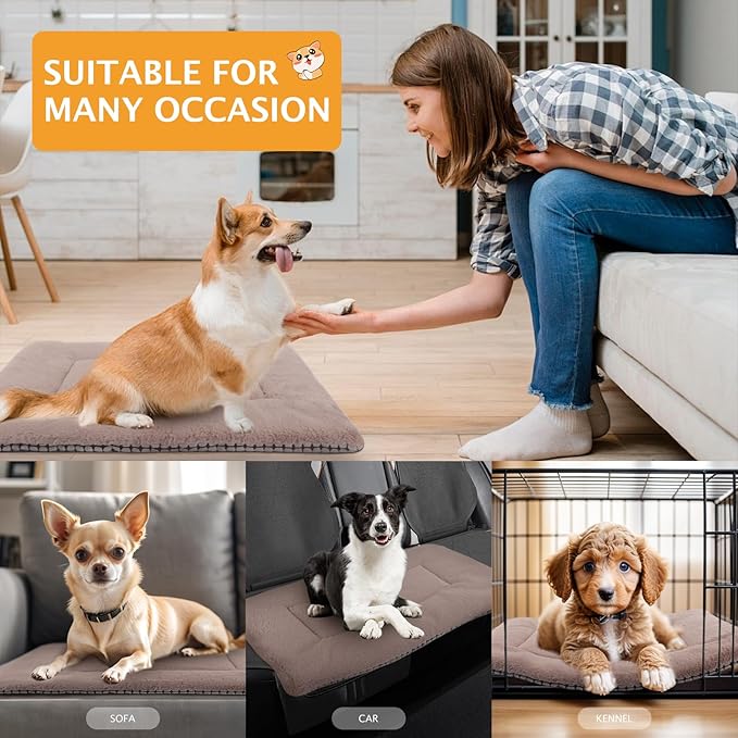 Reversible Dog Bed Mat with Plush and Corn Velvet,Soft Warm Pet Cushion, Dual Purpose Washable Sleeping Mattress Bed for Small Medium Large Dog and Cat XB004 (30"x20", Khaki)