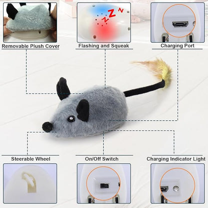 BABORUI Interactive Dog Toys Mouse, Automatic&APP Control Escaping Mice Squeaky Dog Toy with Lights & Auto-Turn, Rechargeable Moving Dog Toys for Small/Medium/Large Dogs & Cats(Grey)