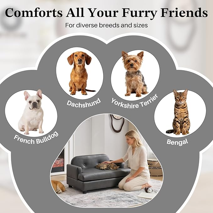 Luxury Dog Sofa Bed Elevated Pet Couch with Durable Waterproof Leather & Orthopedic Sponge - Modern Furniture Style Dog Lounge & Pet Bedside Step for Small/Medium Dogs/Cats, Gray