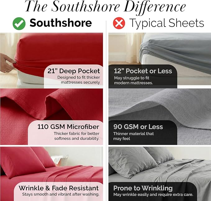 Southshore Fine Living, Inc. 4-Piece Microfiber Sheets Twin Size Bed Set, 21-Inch Deep Pocket Twin Sheet Set, Extra Deep Pocket Fitted Sheet, Red Pillow Cases Standard Size, Red Sheets, Chili Pepper