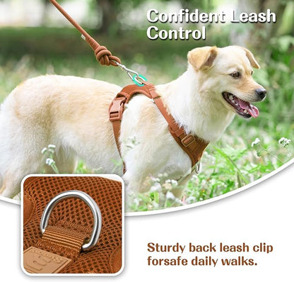 No Pull Dog Harness for Small Medium Large Dogs - Adjustable 2 Layer Mesh Dog Vest with Dual Clip, Escape Proof, Quick Release, Lightweight Breathable Mesh for Walking Hiking (Carmel Brown,L)
