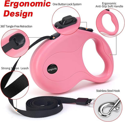 enrgticdg 16Ft Retractable Dog Leash,Light Weight Leash for Small to Medium Dogs/Cats Up to 50lbs,Stainless Steel Spring Strong Nylon Tape, Tangle Free, One-Handed Brake.(Pink)