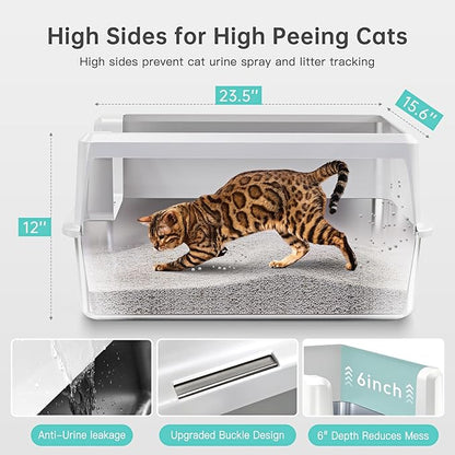 WoofiGo Stainless Steel Cat Litter Box with Lid, XL Metal Litter Box for Big Cats, Extra Large Litter Box with High Sides, Never Absorbs Odors, Non-Sticky, Easy Clean, Anti-Urine Leakage, with Scoop