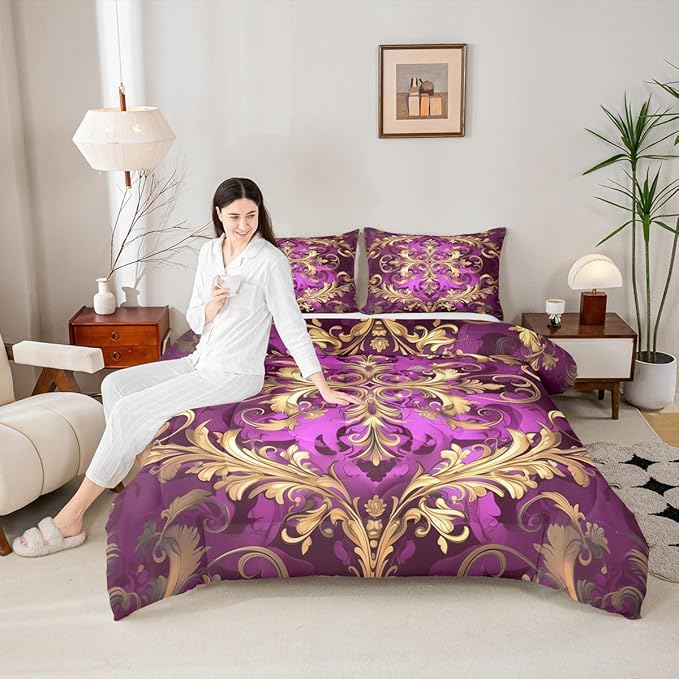 Erosebridal (Just Print Golden Damask Full Size Bedding, Vintage Florals Exotic Comforter Set for Kids Boys Girls, Hippie Boho Aztec Paisley Quilt Set Victorian Baroque Luxury Bed Sets